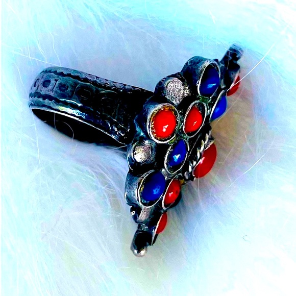 Himalayan Lapis and Coral Sterling Silver Vintage Ring Sz 6.5 - Picture 3 of 8